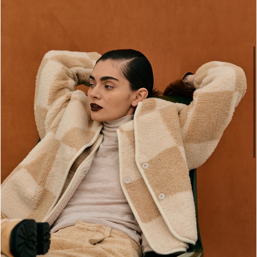 SOLD OUT Source Unknown Checker Shearling Blazer, Biscuit